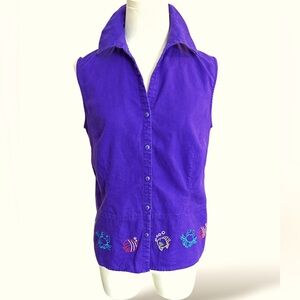 Vintage 80’s Miss Dorby Purple Sleeveless Button Down Shirt Fish & Crab  Sz 8p‎